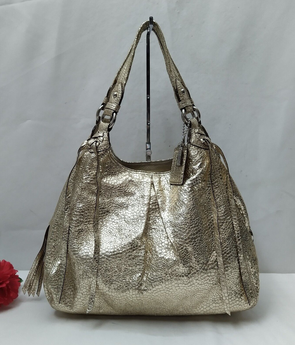 Coach Maggie Metallic Gold Leather Snakeskin Embossed 3 Compartment Shoulder Bag